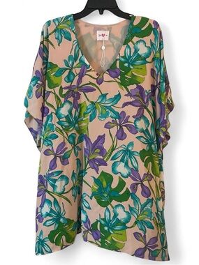 Buddy Love Floral V-Neck Tunic Dress in Peach, Teal & Purple Spring Party